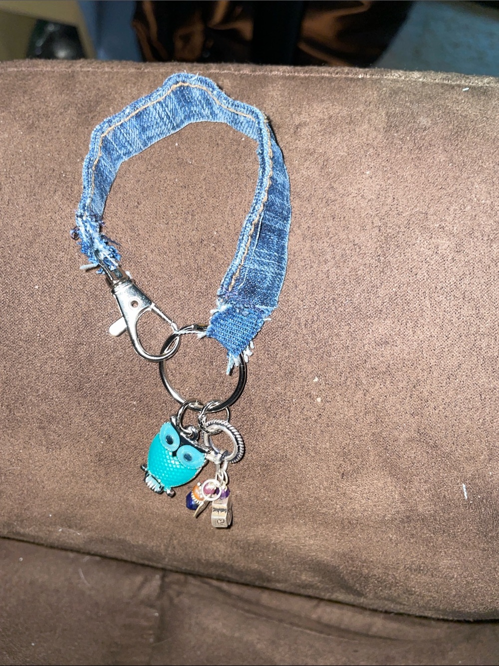 Handmade Denim bracelet with owl charm and dangle. 8 inch including clasps